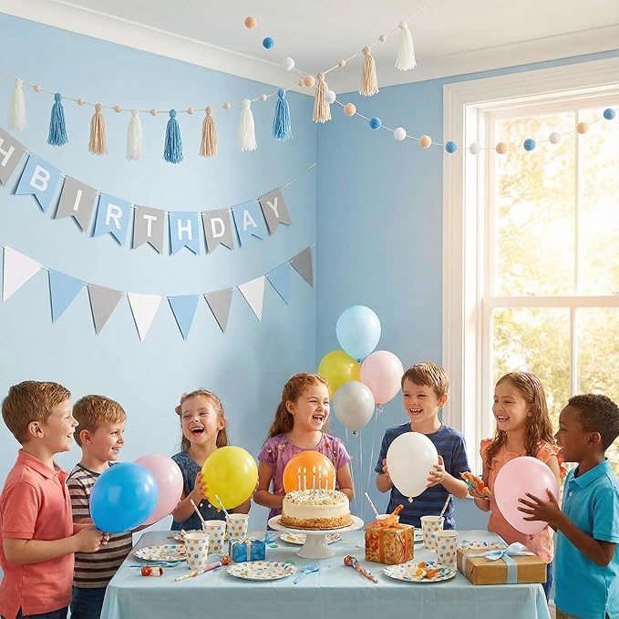 139 Pcs Felt DIY Custom Banner Kit Include 104 Letters 18 Swallowtail Flags 15 Pennants 2 Pcs Pom Pom Garland Tassel Pompom Decoration for Home Baby Shower Birthday(Baby Blue)