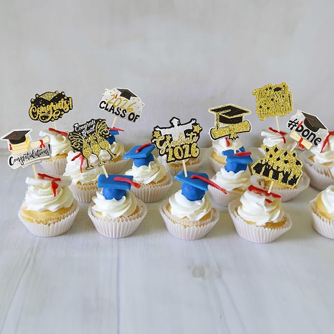 Gyufise 36Pcs 2026 Graduation Cupcake Toppers Glitter Class of 2026 Diploma Graduation Cap Cupcake Picks Class of 2026 Cake Decorations for 2026 Grad Theme Party Supplies