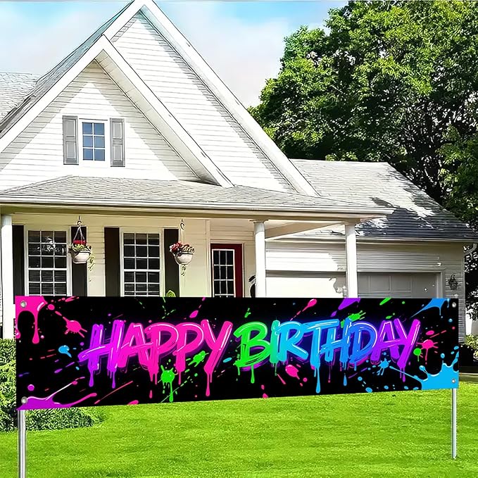 Happy Birthday Banner Colorful Graffiti Backdrop Banner 118 x 20 inchs Birthday Party Decorations Supplies for Boys and Girls Baby Shower Indoor Outdoor Party Decorations