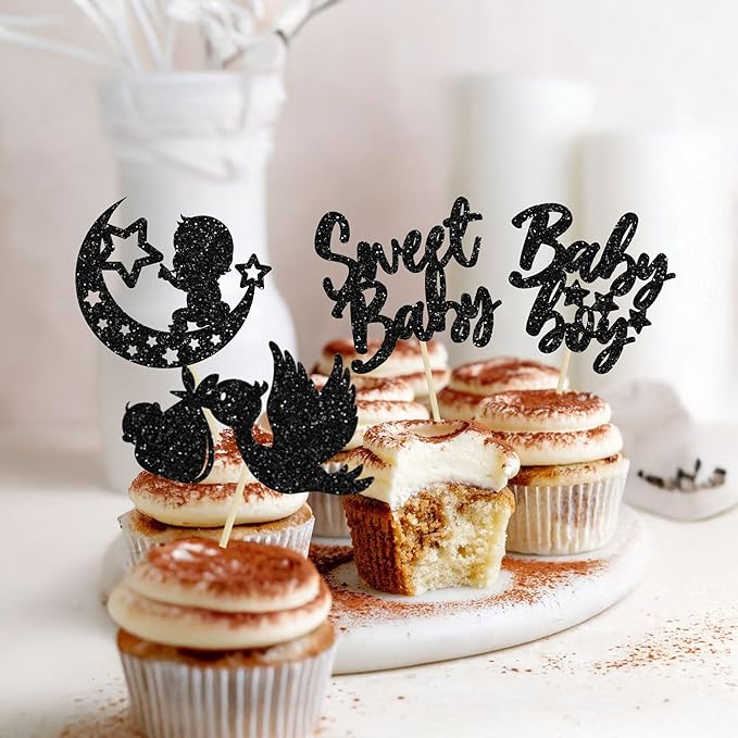 24Pcs Sweet Baby Boy Cupcake Toppers Black Glitter Moon Star Baby Shower Gender Reveal Cupcake Picks Decorations for Baby Shower Kids Boys Birthday Party Cake Decorations Supplies