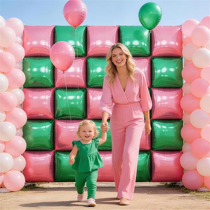 Pink Green Square Foil Balloon Wall,25Pcs Double Sided Foil Balloons Backdrop Helium Tunnel Arch Garland Kit for Girls Witch Themed Birthday Baby Shower Anniversary Party Decorations
