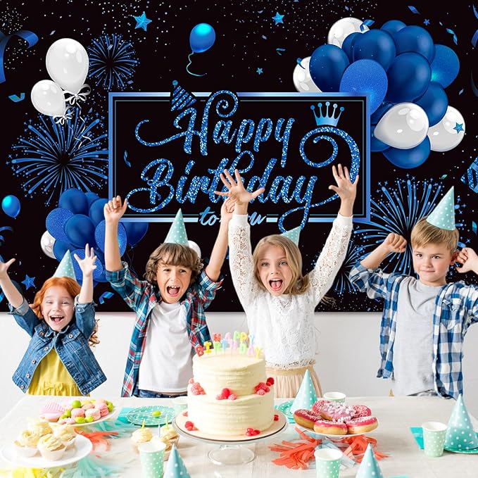 Blulu Happy Birthday Backdrop Banner Sign Poster Large Fabric Glitter Balloon Fireworks Sign Photo Backdrop Background for Birthday Party Decoration Supplies, 72.8 x 43.3in (Blue)