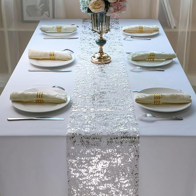 Snowkingdom 2 Pieces Silver Table Runner, Sequin Glitter Foil Metallic Thin Mesh Runner Roll 11"x108", Silver Table Decorations Centerpiece for Wedding Birthday Party Christmas