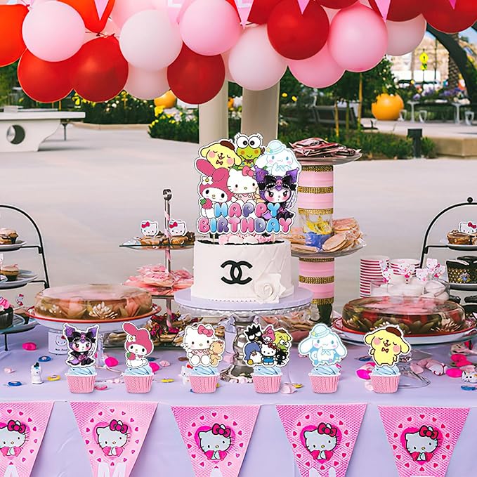 𝓢𝓪𝓷𝓻𝓲𝓸 birthday party supplies,Cute Anime party including cake caps, cupcake caps, flags, Latex Balloons, It is very suitable for birthday party supplies.