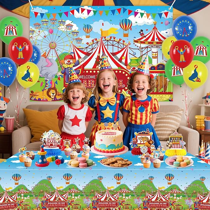 Carnival Party Decorations Circus Theme Birthday Party Supplies Including Carnival Backdrop Balloon, Red and White Stripe Tablecover, Centerpieces, cupcake topper for Circus Birthday Party