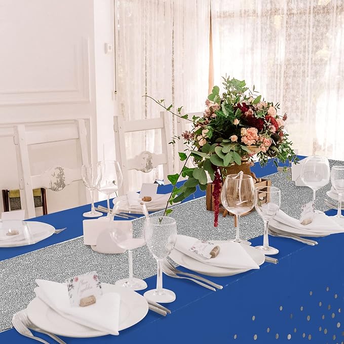 Irenare Tablecloth and Sequin Table Runner Set Polka Dots Confetti Table Cover Dining Plastic Tablecloths Glitter Decorations for Birthday Wedding Anniversary Party Supplies(Blue, Silver,2 Pcs)
