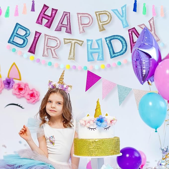 5 Pcs Pre-strung Unicorn Glitter Happy Birthday Banner Set, Felt Happy Birthday Garland with Ball Garland, Pennant Flags and Tassels, Birthdays Party Decorations for Kids and Adults
