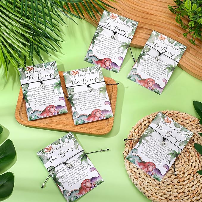 Thyle 50 Set Dinosaur Baby Shower Favors for Guests Adjustable Bracelets with Message from the Bump Card Footprints Charm Baby Shower Bracelets for Gender Reveal Thank You Gifts