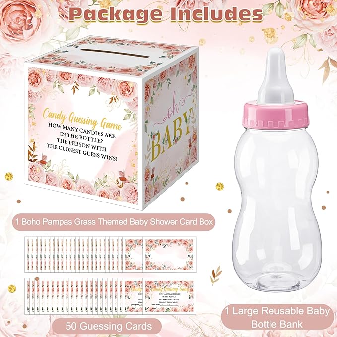 Glenmal 52 Pcs Baby Shower Games Gift Sets Large Baby Bottle for Shower Game Guess How Many Candies Decorations for Gender Reveal(Flower)