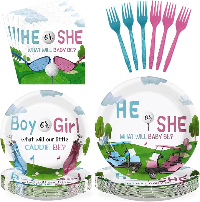 Grencian 96Pcs Golf Gender Reveal Party Supplies He She Theme Plates and Napkins Tableware Sets Pink and Blue Disposable Decoration for Baby Shower Newborn Pregnancy Boy Girl Birthday Party Serve 24