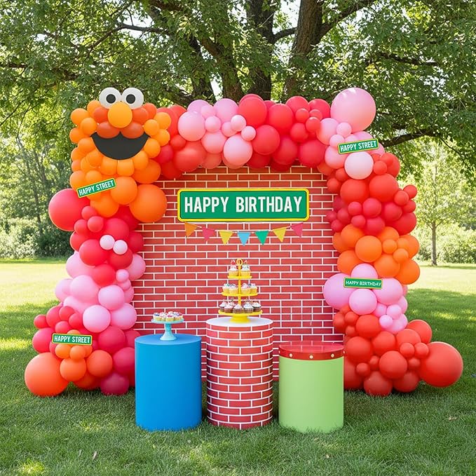 Sesame Friends Birthday Party decorations Cartoon orange red white Balloon Garland Kit With red brick birthday backdrop stickers For kids birthday decorations