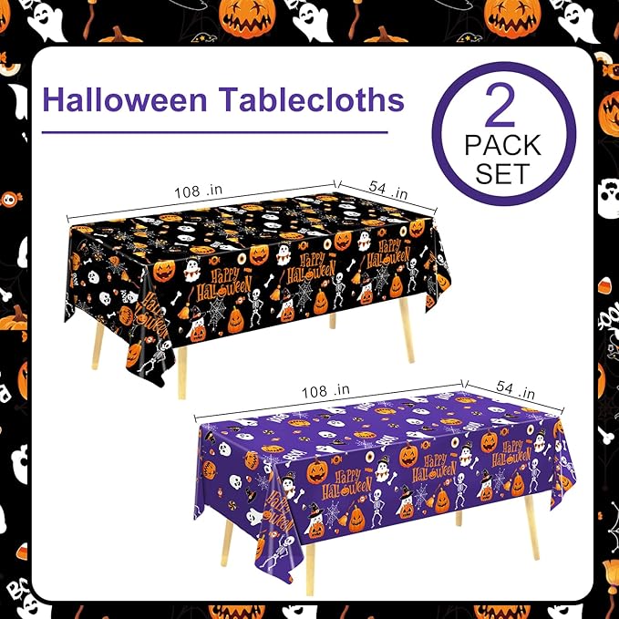 Halloween Disposable Plastic Tablecloth Halloween Party Decorations Supplies Rectangle Disposable Table Cover for Indoor Outdoor Party Decor, 2 Pack