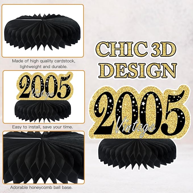 9Pcs Black Gold 21st Birthday Decorations Honeycomb Centerpieces for Girls,Happy 21st Birthday Centerpieces Tables Toppers Party Decorations Supplies,Vintage 2005 Aged Table Sign Decor