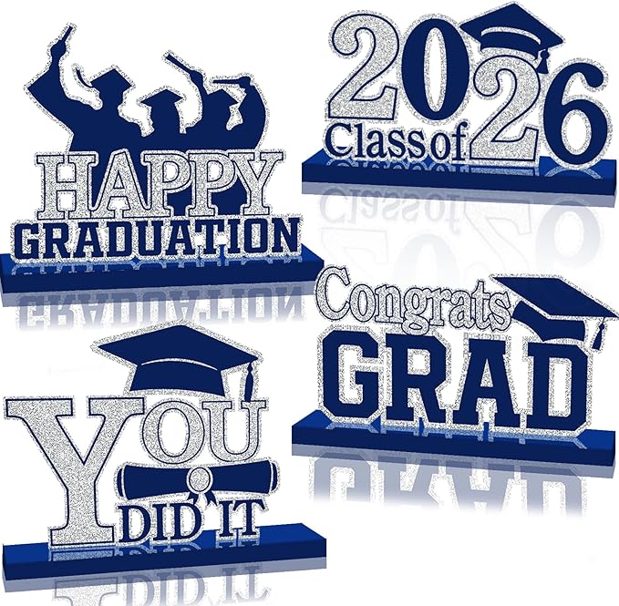 4Pcs Graduation Decorations Class of 2026 Wood Table Centerpieces Congrats Grad Wooden Sign Graduation Table Toppers Congratulate Tiered Tray Decor for 2026 Graduation Party(Navy Blue-Silver)