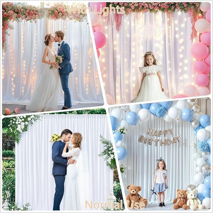 10 x 10ft White Backdrop Curtains with Lights String for Wedding Polyester Photo Backdrop Drapes Wrinkle Free White Curtains Backdrop for Birthday Parties Reception Baby Shower Ceremony-5 x 10ft x 2P