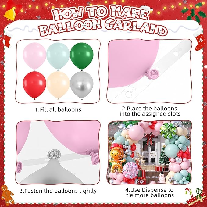 Christmas Balloon Arch Kit, Macaron Pink Red Green Ivory Metallic Silver Candy-Themed Balloons with Gingerbread Style Foil Balloons for Christmas Birthday Party Decorations Baby Shower Backdrop