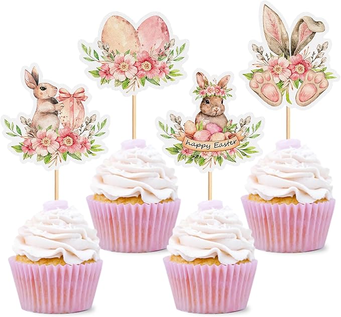 Ercadio 24Pcs Floral Easter Rabbit Bunny Ear Cupcake Toppers Rabbit Egg Happy Easter Cupcake Picks for Easter Day Spring Boys Girls Birthday Baby Shower Party Cake Cupcake Decors Supplies