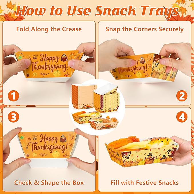 50Pcs Thanksgiving Food Trays, 5.94" x 3.34" x 2.16" Thanksgiving Party Supplies Disposable Fall Boats, Pumpkin Turkey Paper Serving Tray, Food Boats for Snack Popcorn, Harvest Party Decorations