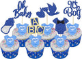 24Pcs Baby Shower Oh Baby Cupcake Toppers with Bow Onesie Bottle Boy Deep Blue Glitter Cake Picks Decorations for Baby Shower Gender Reveal It's a Boy Birthday Party Supplies