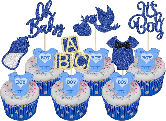 24Pcs Baby Shower Oh Baby Cupcake Toppers with Bow Onesie Bottle Boy Deep Blue Glitter Cake Picks Decorations for Baby Shower Gender Reveal It's a Boy Birthday Party Supplies