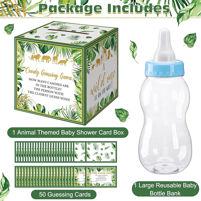 Glenmal 52 Pcs Baby Shower Games Gift Sets Large Baby Bottle for Shower Game Guess How Many Candies Decorations for Gender Reveal(Safari Jungle Animal)