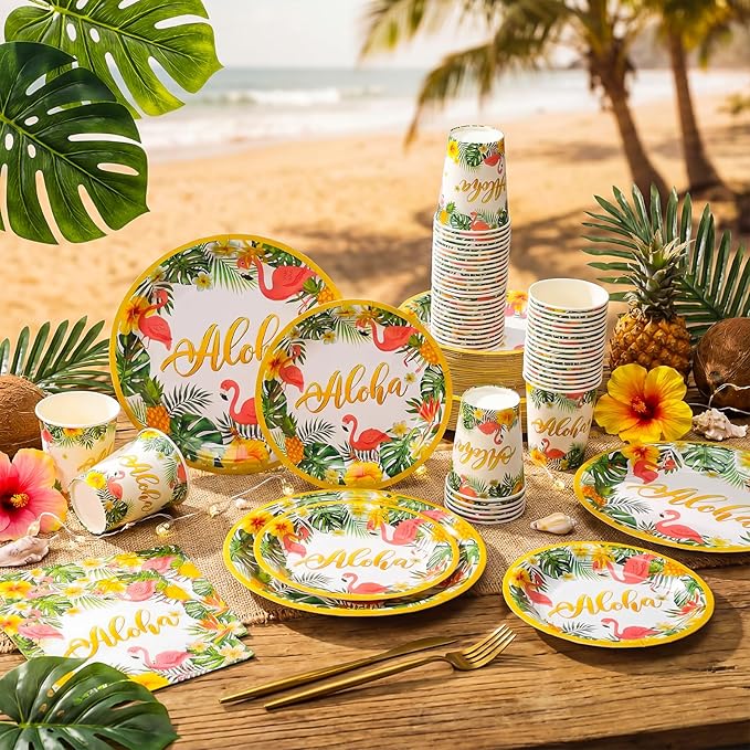 200 Pcs Tropical Hawaii Aloha Party Supplies Serve 50 Guests Luau Paper Plates Cups Napkins for Summer Beach Tableware Pool Party
