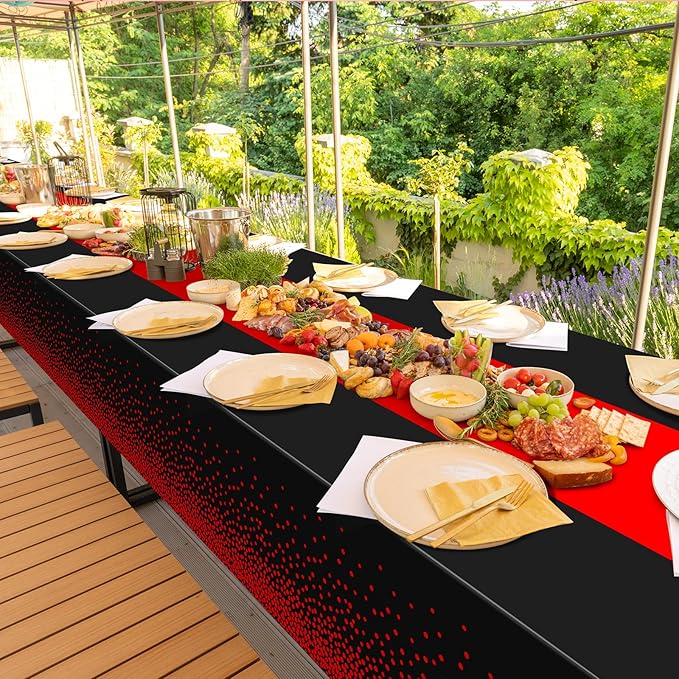 MASHAN 3Pcs Black and Red Tablecloth Party Decorations,Plastic Black Table Cloth Printed Red Table Runner Disposable Rectangle Cover for Birthday Weeding Anniversary Graduation Party,54 x108 Inch