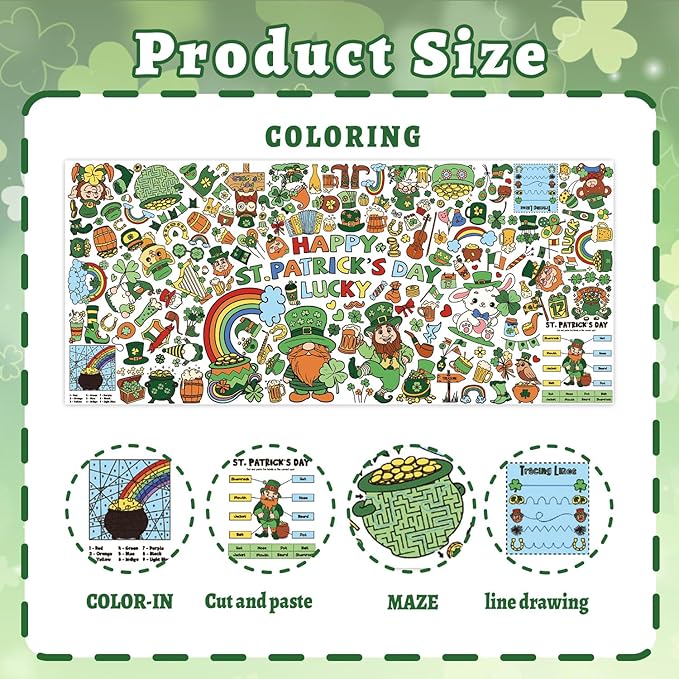 St. Patrick's Day Coloring Poster, 32 x 71 Inch Versatile Paper Coloring Tablecloth, St Pattys Day Crafts, Party Decorations