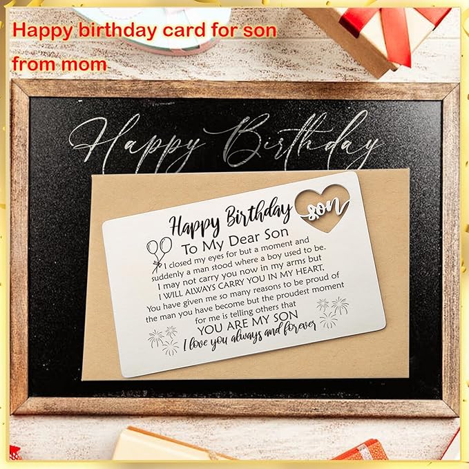 YODOCAMP Happy Birthday Son Gifts from Mom, Metal Engraved Greeting Card for Birthday, Son Wallet Insert Card from Parents