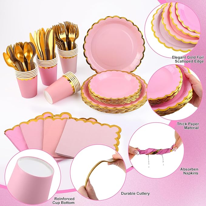 Kochorie 140 PCS Pink Plates and Napkins Party Supplies for 20 Guests Disposable Light Pink Paper Plates Set Includes Pink Scalloped Plates Napkins Cup Cutlery Set for Baby Shower Birthday Wedding