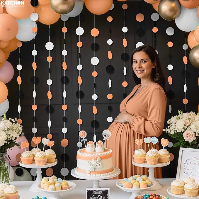 KatchOn, Circle Dots Gold Paper Garland - 65 Feet, Pack of 5 | Black, White Orange Birthday Garland for Wedding, Bridal Shower, Birthday Decorations | Hanging Decorations for Party