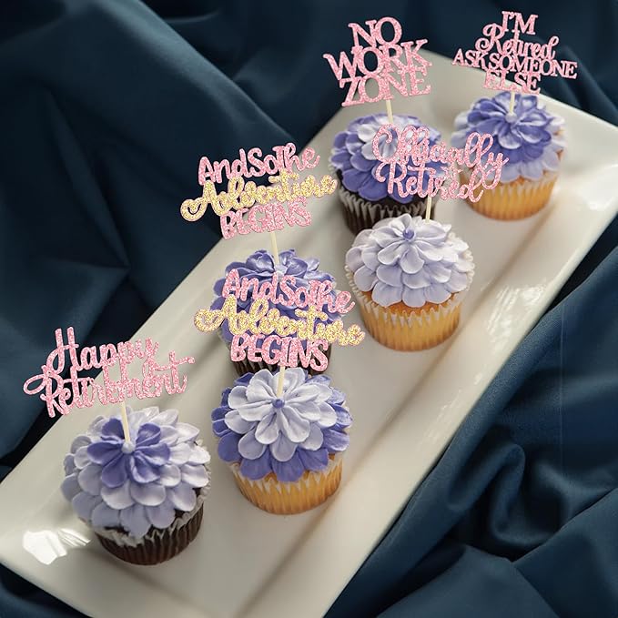 Gyufise 30Pcs Happy Retirement Cupcake Toppers Officially Retired Cake Toppers No Work Zone Adventure Begins Cupcake Picks for Retirement Theme Farewell Birthday Party Decorations Supplies Pink