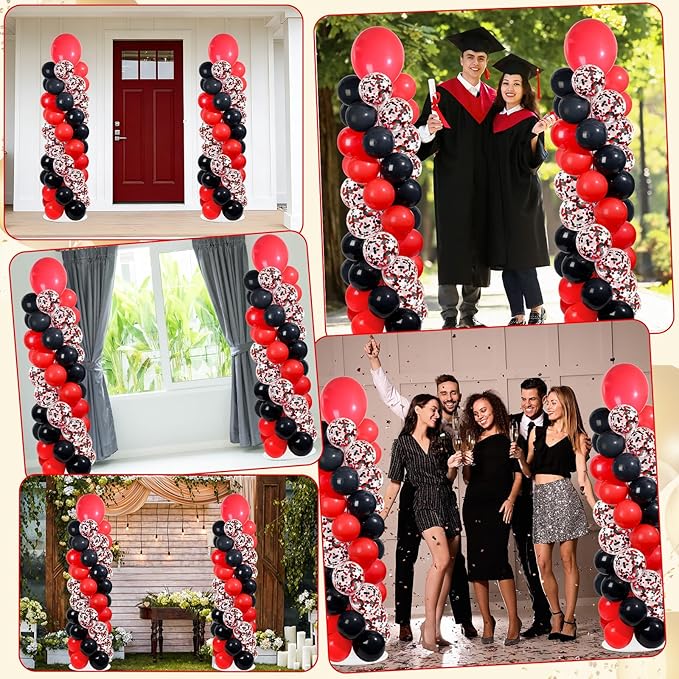 2 Sets Red and Black Balloon Column Stand Kit with 100 Balloons Adjustable Balloon Tower Stand with Bases for Floor Confetti Balloons Column Kit for Graduation Birthday Appreciation Party Decor