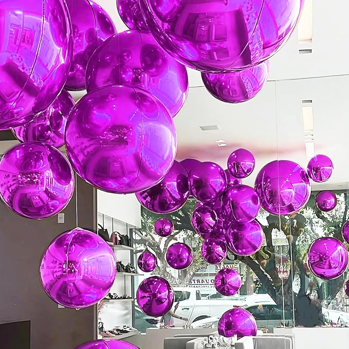12PCS Hot Pink Round Foil Balloons, 22" 15" 10" Large 4D Ball Balloons Metallic Hot Pink Mirror Sphere Balloon for Valentines Galentines Day Wedding Women Birthday Party Ceiling Decorations