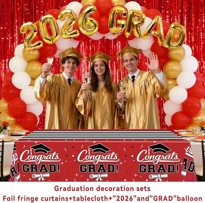 7-Pack Graduation Party Decorations Set, 3 Red Graduation Tablecloths 54x108in, 2026 and Grad Balloons, 2 Foil Fringe Curtains for High School College Graduation Party Photo Booth