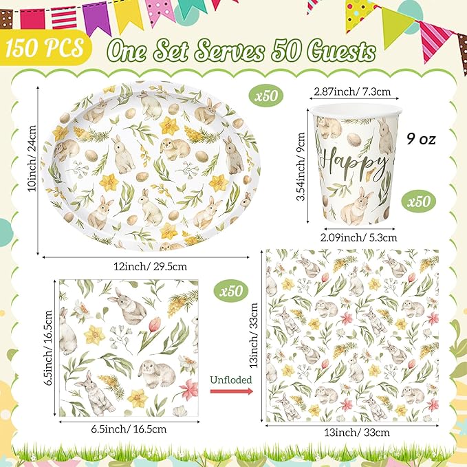 Vesici 150 Pcs Easter Bunny Oval Paper Plates and Napkin Set Bunny Tableware 10'' x 12'' Large Disposable Heavy Duty Rabbit Green Leaves Dessert Plates Cups Napkins for Spring Easter Party Supplies