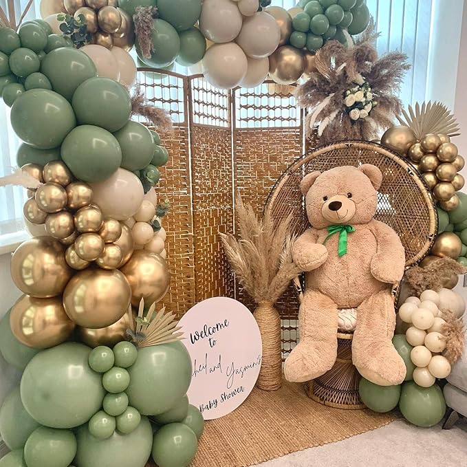 Sage Green Balloon Arch Kit, 142PCS Sage Green White Sand Gold Balloon Garland kit, 18 12 10 5 Inch Different Size Balloons for Baby Shower Bridal Shower Birthday Engagement Wild One Party Decorations