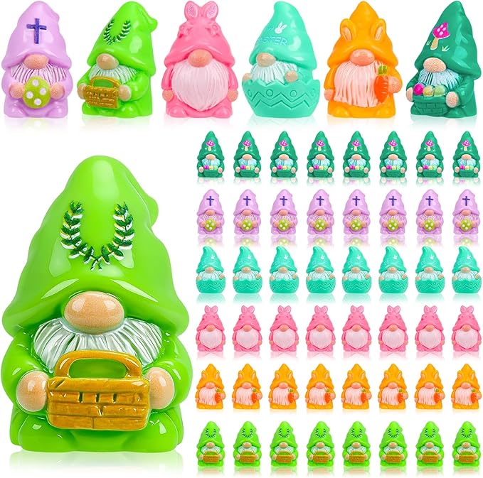 60 Pcs Easter Mini Gnomes Figures Tiny Fairy Resin Gnomes Figurines to Hide Easter Carrot Bunny Ear Basket Eggshell Eggs Element Miniature Gnomes Statues for Party Favors Tiered Tray Garden Decor
