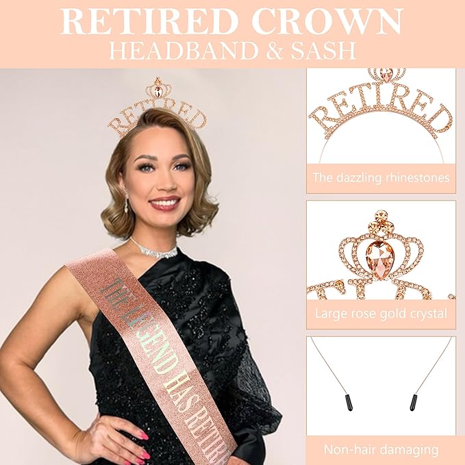 Retirement Gift for Woman Rose Gold Retirement Sash And Crown Headband Retirement Party Decorations "The Legend Has Retired" Sash Elegant Cute Rhinestone Headband