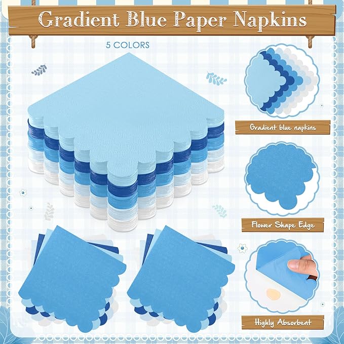 Zhehao 350 Pcs Blue Party Supplies Set Blue Disposable Tableware Kit with Plates, Cups, Napkins, Cutlery in Natural Earth Tones for Baby Shower, Birthday, Wedding Forest Events