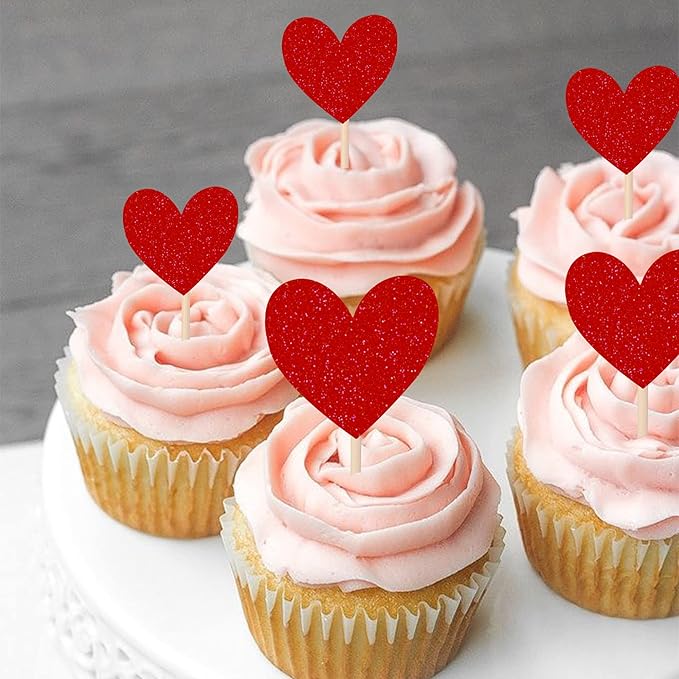 30 PCS Heart Cupcake Toppers Glitter Sweet Love Theme Cupcake Picks Wedding Engagement Bridal Shower Birthday Valentine's Day Party Cake Decorations Supplies Mixed Size Red