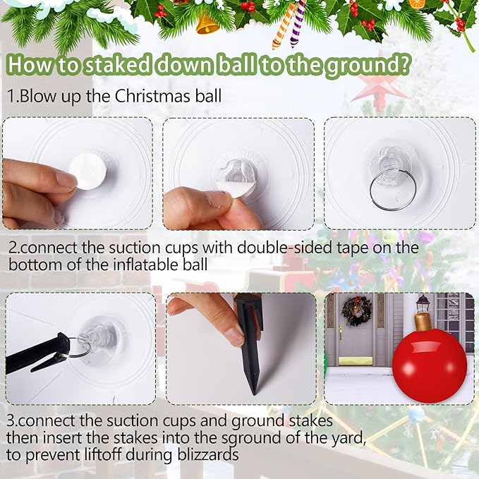 3PCS Christmas Inflatable Decorated Ball 18in Yard Inflatable Christmas Balls Giant Xmas Tree Ornaments PVC Blow up Yard Decorations for Outside Holiday Yard Lawn Porch Decor (Red White Green)