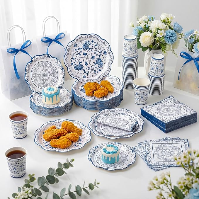 Pickmesh 250 Pcs Blue White Floral Party Supplies Decorations Serve 50 Blue and White Porcelain Pattern Disposable Paper Plates Napkins and Cups for Chinoiserie Baby Shower Birthday Wedding Tea Party