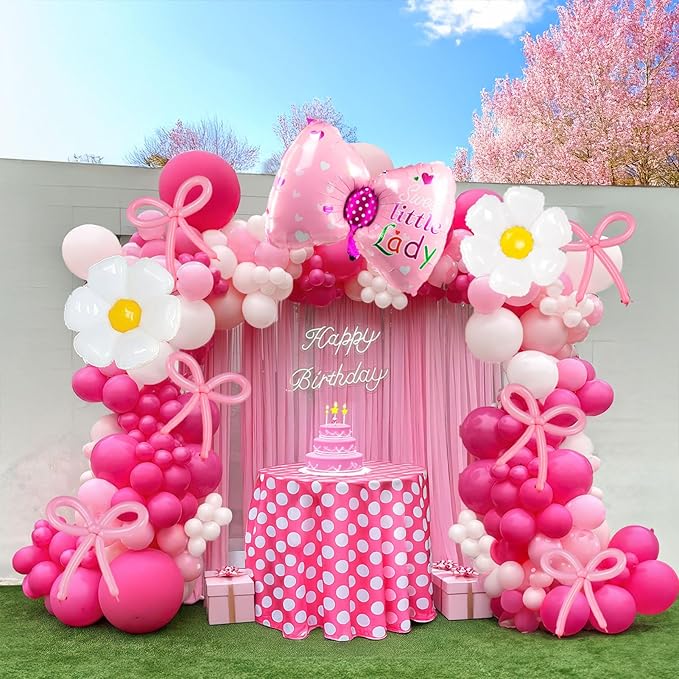 Hot Pink and White Daisy Bow Balloon140pcs with DIY Bow Daisy Balloons for Cute Cartoon Birthday Girl Bow theme Baby Shower Party Coquette birthday decorations