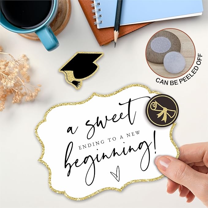 A Sweet Ending To A New Beginning - 5"X7" Graduation Wooden Buffet Sign, Candy Sign With 1 Metal Support，2 DIY Wood Decor With Velcro, Grad Party Decor & Supplies(Gold) - B01