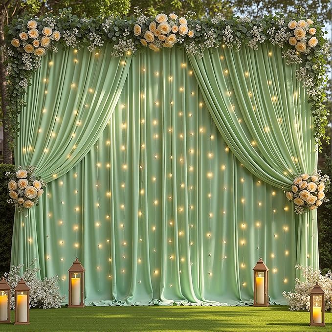 20 x 10ft Sage Green Backdrop Curtains with Lights String for Wedding Polyester Photo Backdrop Drapes Wrinkle Free Curtains Backdrop for Birthday Parties Reception Baby Shower Ceremony-5 x 10ft x 4P
