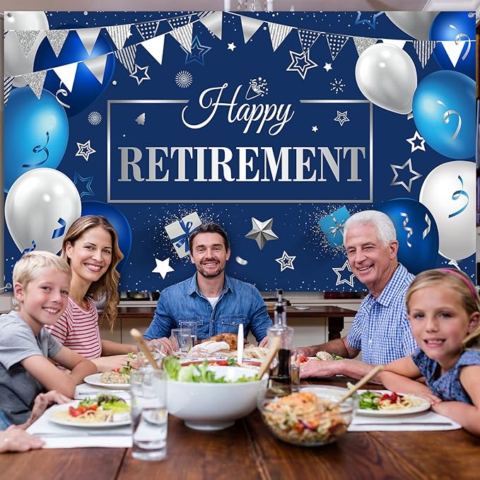 Blulu Retirement Party Decorations, Extra Large Fabric Retire Sign Banner Photo Booth Backdrop Background with Rope for Retirement Party Favor(72.8 x 43.3 Inches,Blue and Silver)