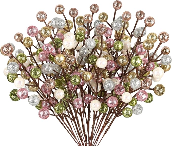 HOHOTIME 24 Pack Artificial Berry Stems Branches, Christmas Faux Holly Berries Branches Ornaments for Christmas Tree Wreath DIY Craft Decorations Holiday Home Decor