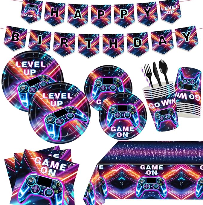 194 Pcs Video Game Party Supplies Serve 24, Includes Game On Neon Themed Tableware, Plates, Napkins, Banner & Tablecloth, Ideal for Gamer Birthday Party Decoration