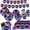 194 Pcs Video Game Party Supplies Serve 24, Includes Game On Neon Themed Tableware, Plates, Napkins, Banner & Tablecloth, Ideal for Gamer Birthday Party Decoration